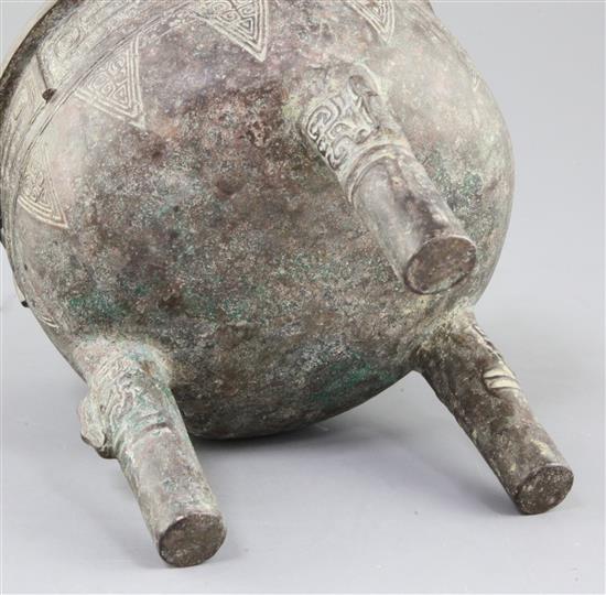 A Chinese archaistic bronze tripod ritual food vessel, Ding, early Western Zhou dynasty style, 19cm high, 16cm wide